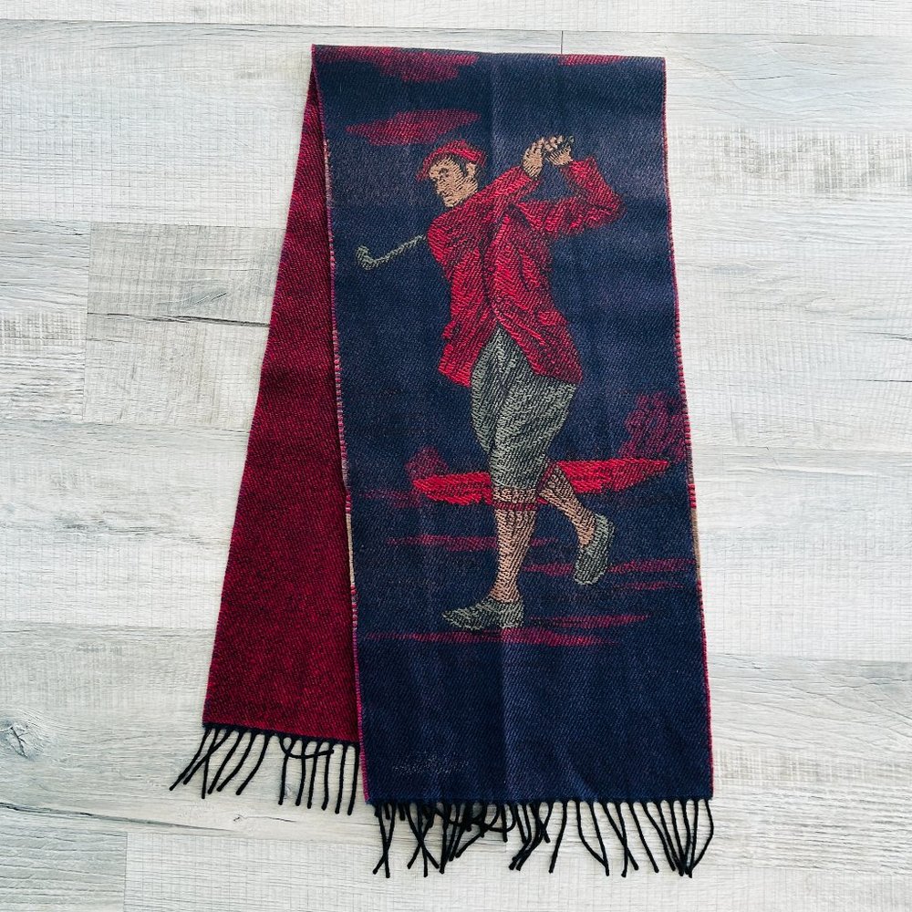 Vintage Sharé 100% Wool Scarf, Golfing/Golfer